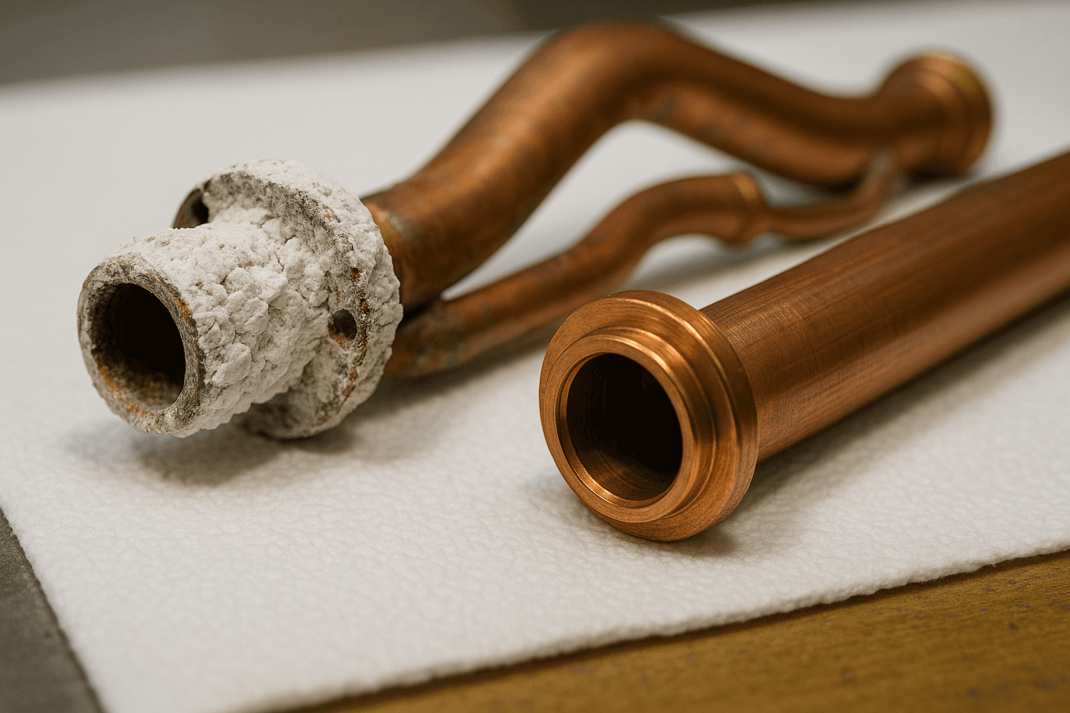 Calcium scale buildup on a copper heat exchanger pipe compared to a clean pipe showing the effects of hard water on tankless water heaters