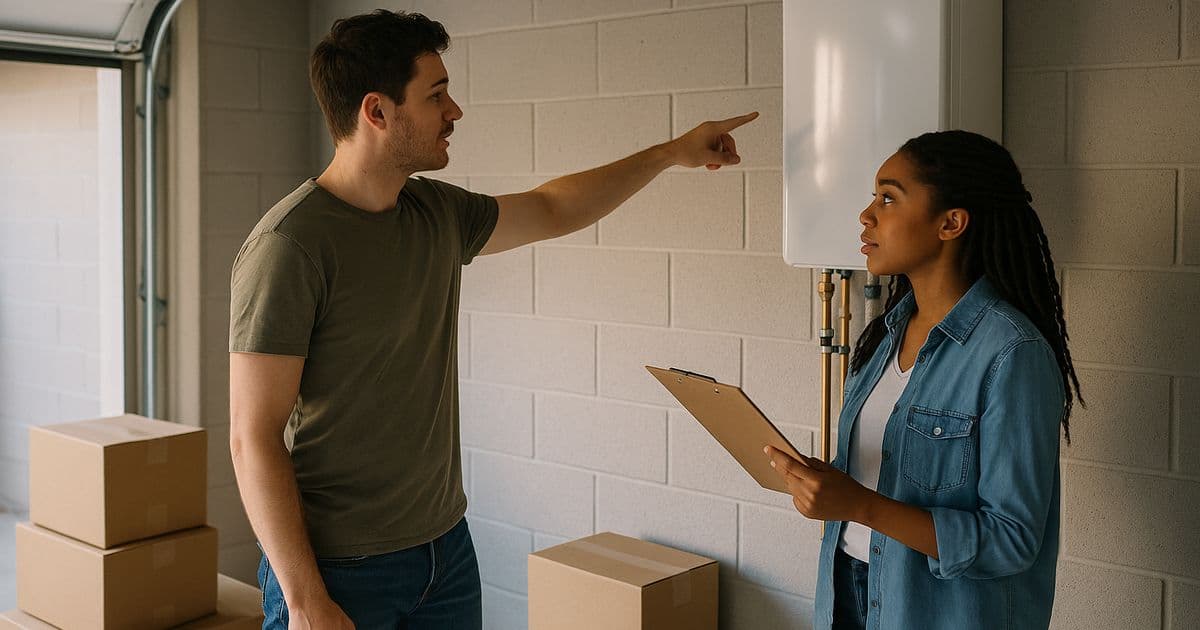 New homeowner examining a wall-mounted tankless water heater unit in a garage while holding a home inspection folder
