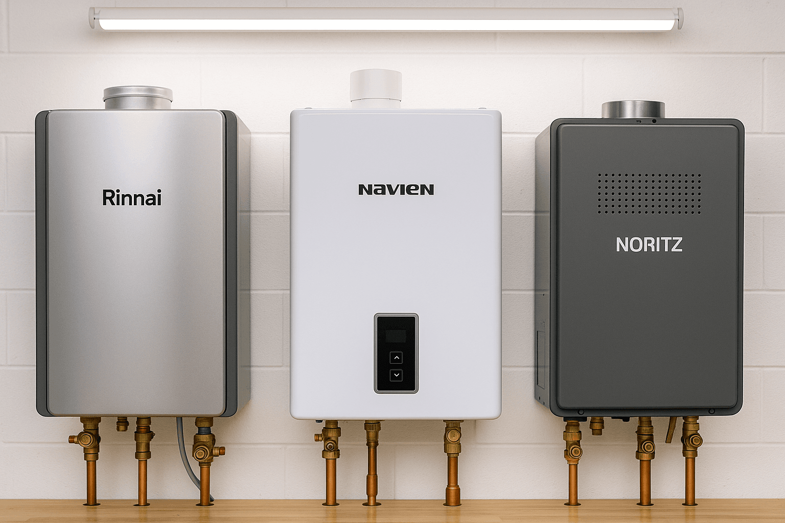 Three different tankless water heater brands mounted side by side for maintenance comparison