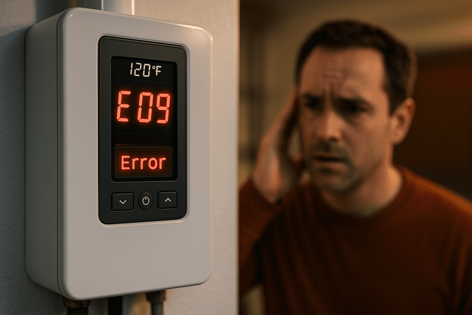 Tankless water heater control panel displaying a red error code with a homeowner looking on in concern