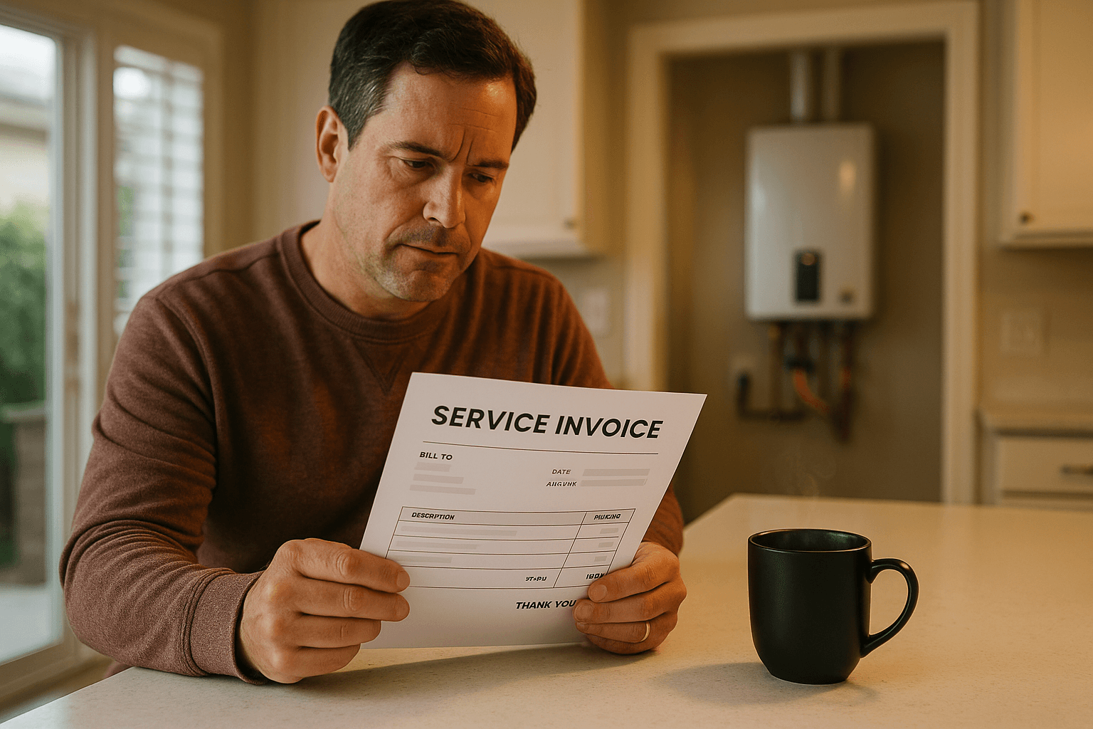 Homeowner reviewing a tankless water heater service invoice at their kitchen counter with unit visible in the background