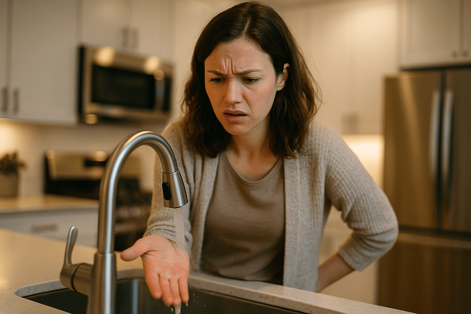 Homeowner testing water temperature at kitchen faucet frustrated by lack of hot water from tankless heater
