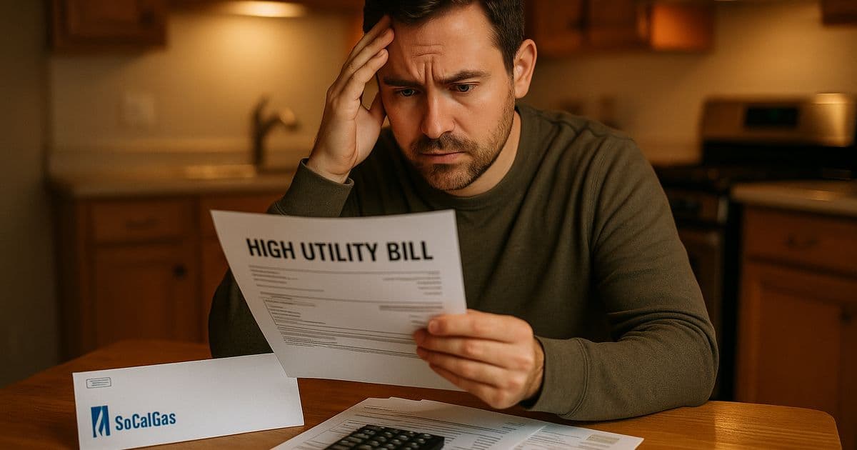 SoCal Gas bill next to a tankless water heater unit showing higher than expected monthly charges