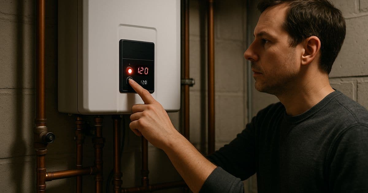 Tankless water heater display panel showing an error code with red indicator light during a shutdown event