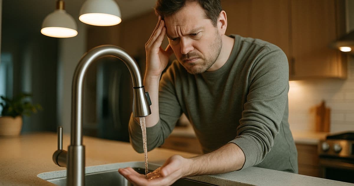 Frustrated homeowner with hand under running kitchen faucet waiting for hot water to arrive from a tankless water heater