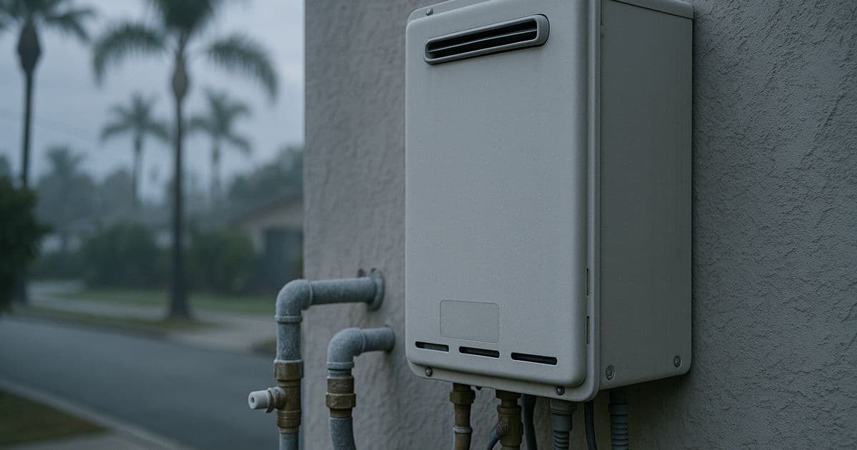 Tankless water heater unit mounted on an exterior wall during cold weather with visible insulation and pipe protection