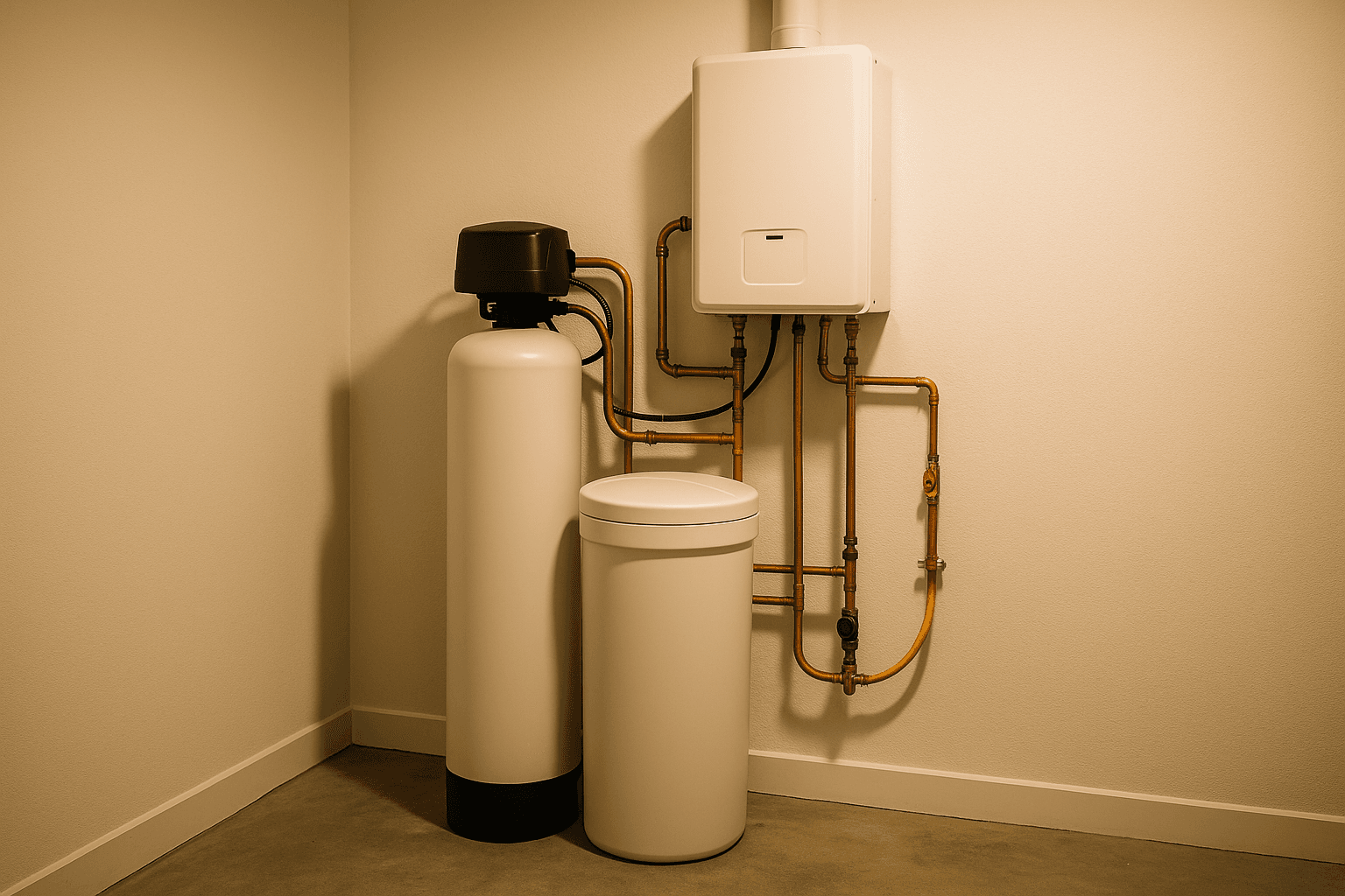 Water softener system installed next to a tankless water heater in a residential utility room